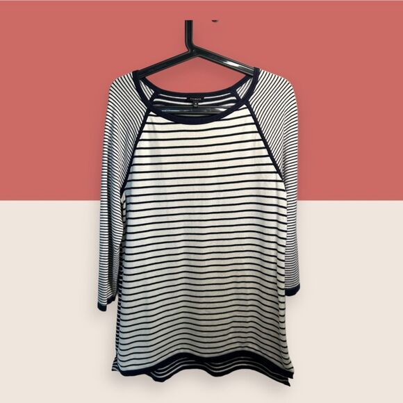 🦓 TALBOTS STRIPED RAGLAN STYLE 3/4 SLEEVE T-SHIRT NAVY CREAM MEDIUM - Picture 3 of 6
